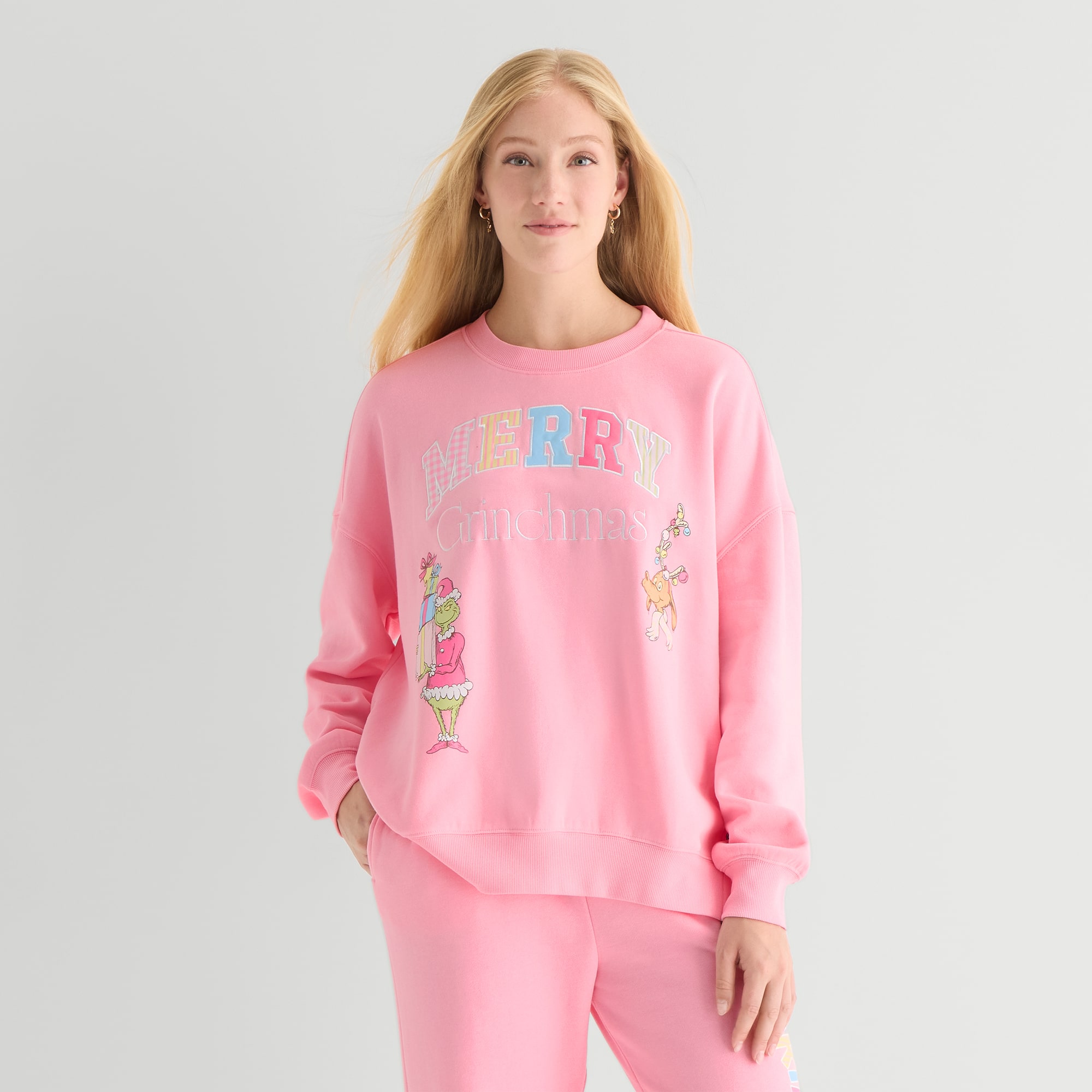 Womens Juniors Crew Neck Long Sleeve Grinch Sweatshirt