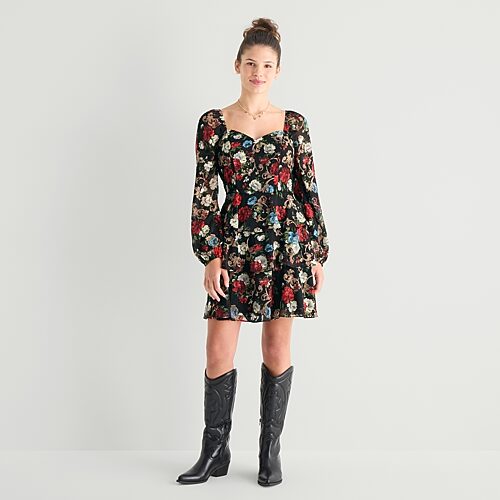by&by Womens Juniors Sweetheart Neck Long Sleeve Drop Shoulder Floral Fit + Flare Dress, X-small, Black
