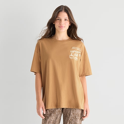 Mad Engine Womens Juniors Crew Neck Short Sleeve Oversized Graphic T-shirt In Brown
