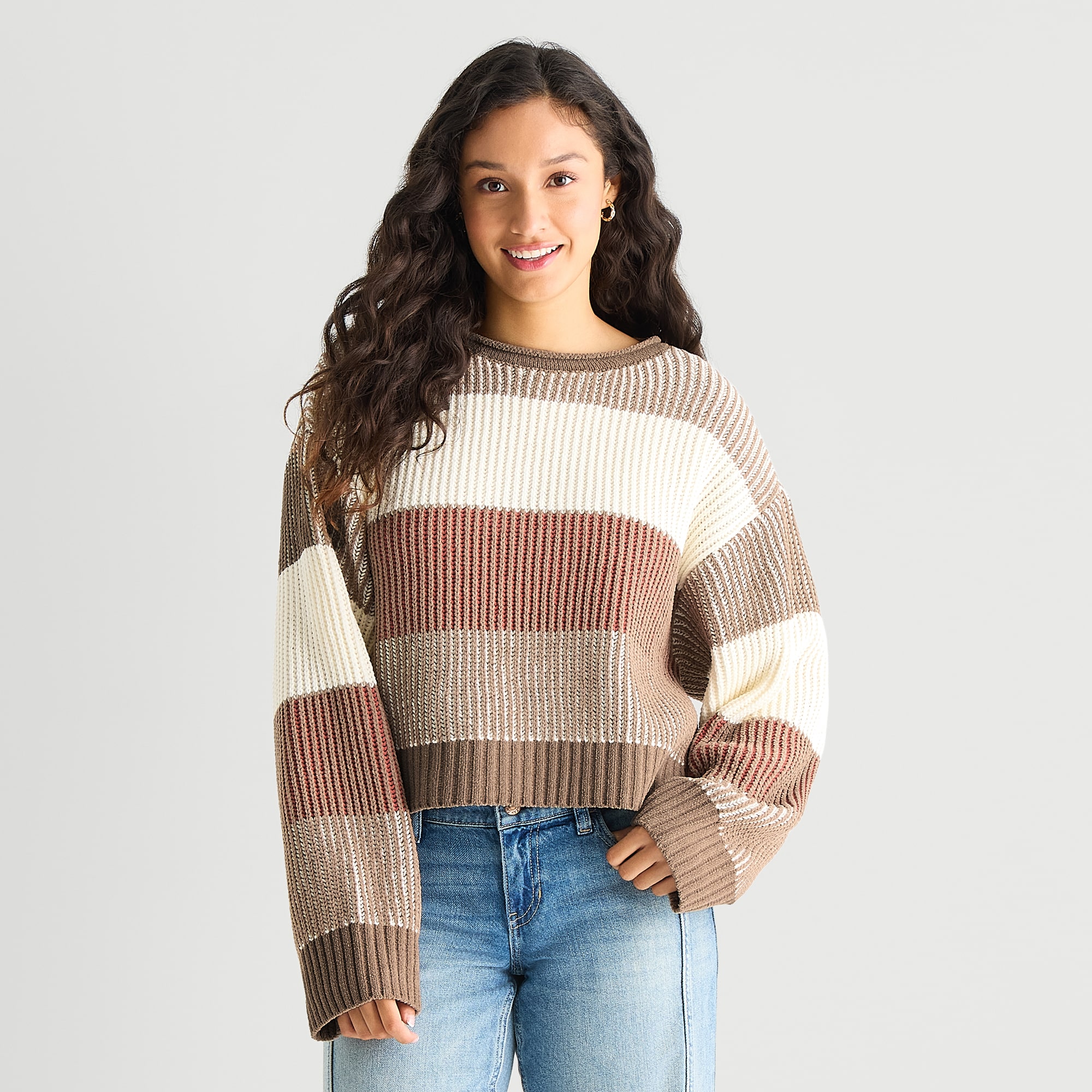 Arizona Juniors Womens Crew Neck Long Sleeve Striped Pullover Sweater
