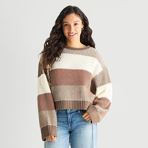 Arizona Juniors Womens Crew Neck Long Sleeve Striped Pullover Sweater In Brown