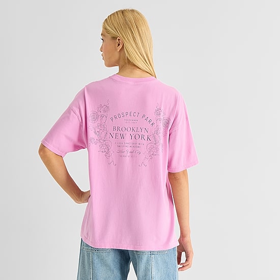 Arizona Womens Juniors Crew Neck Short Sleeve Loose Fit Graphic T-Shirt