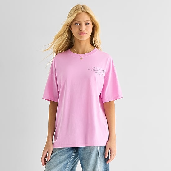Arizona Womens Juniors Crew Neck Short Sleeve Loose Fit Graphic T-Shirt