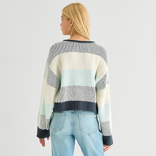 Arizona Juniors Womens Crew Neck Long Sleeve Striped Pullover Sweater