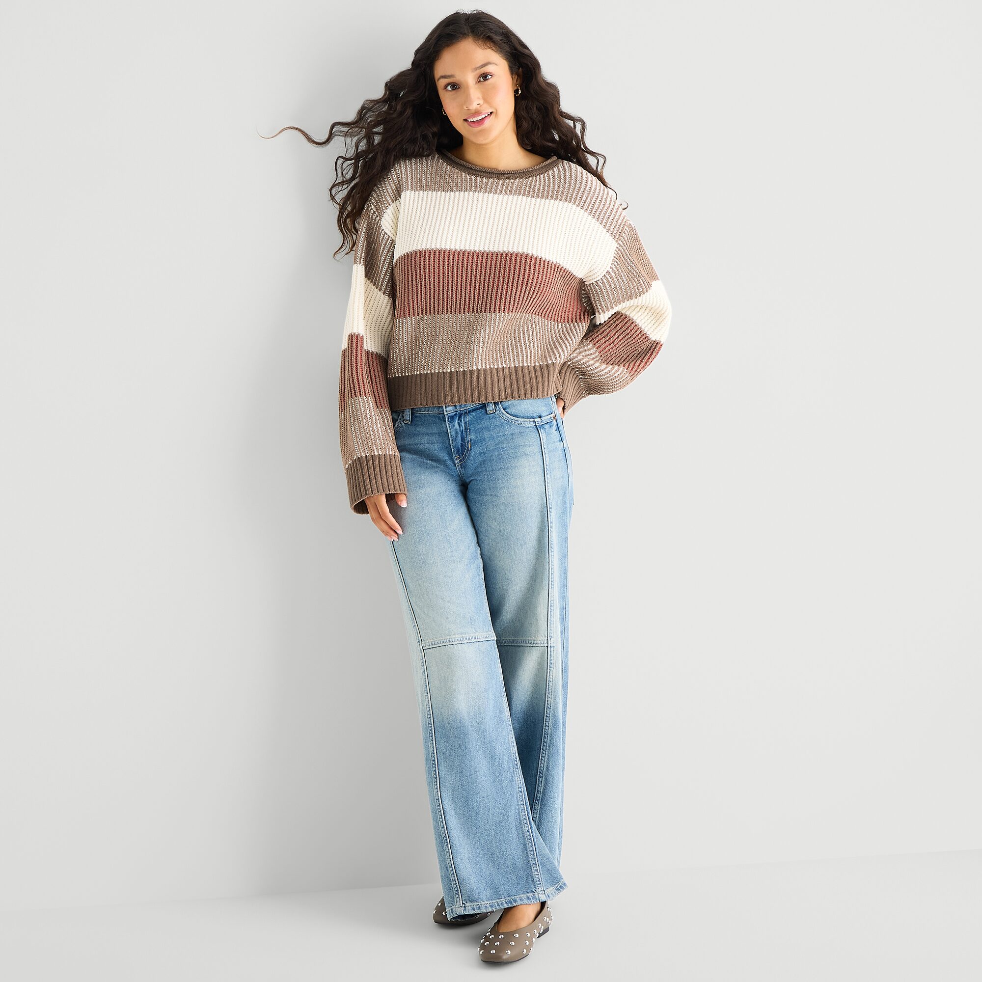Arizona Juniors Womens Crew Neck Long Sleeve Striped Pullover Sweater