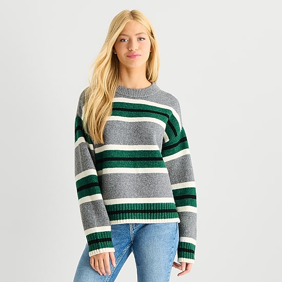 Arizona Juniors Womens Crew Neck Long Sleeve Striped Pullover Sweater