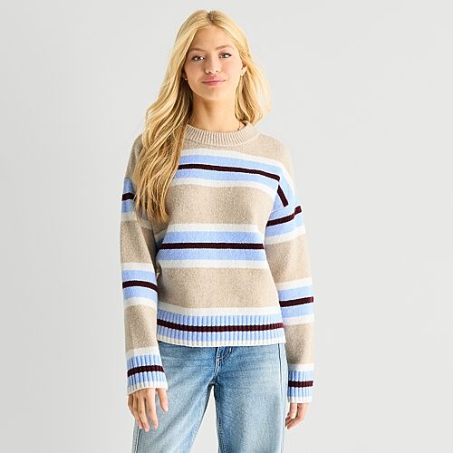 Arizona Juniors Womens Crew Neck Long Sleeve Striped Pullover Sweater In Brown