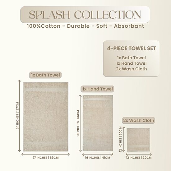 Better Trends Splash 100% Cotton 4-pc Mix Towel Set, Zero Twist Quick Dry Solid Bathroom Towel