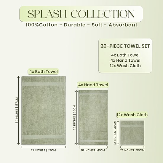 Better Trends Splash 100% Cotton 20-pc Mix Towel Set, Zero Twist Quick Dry Solid Bathroom Towel
