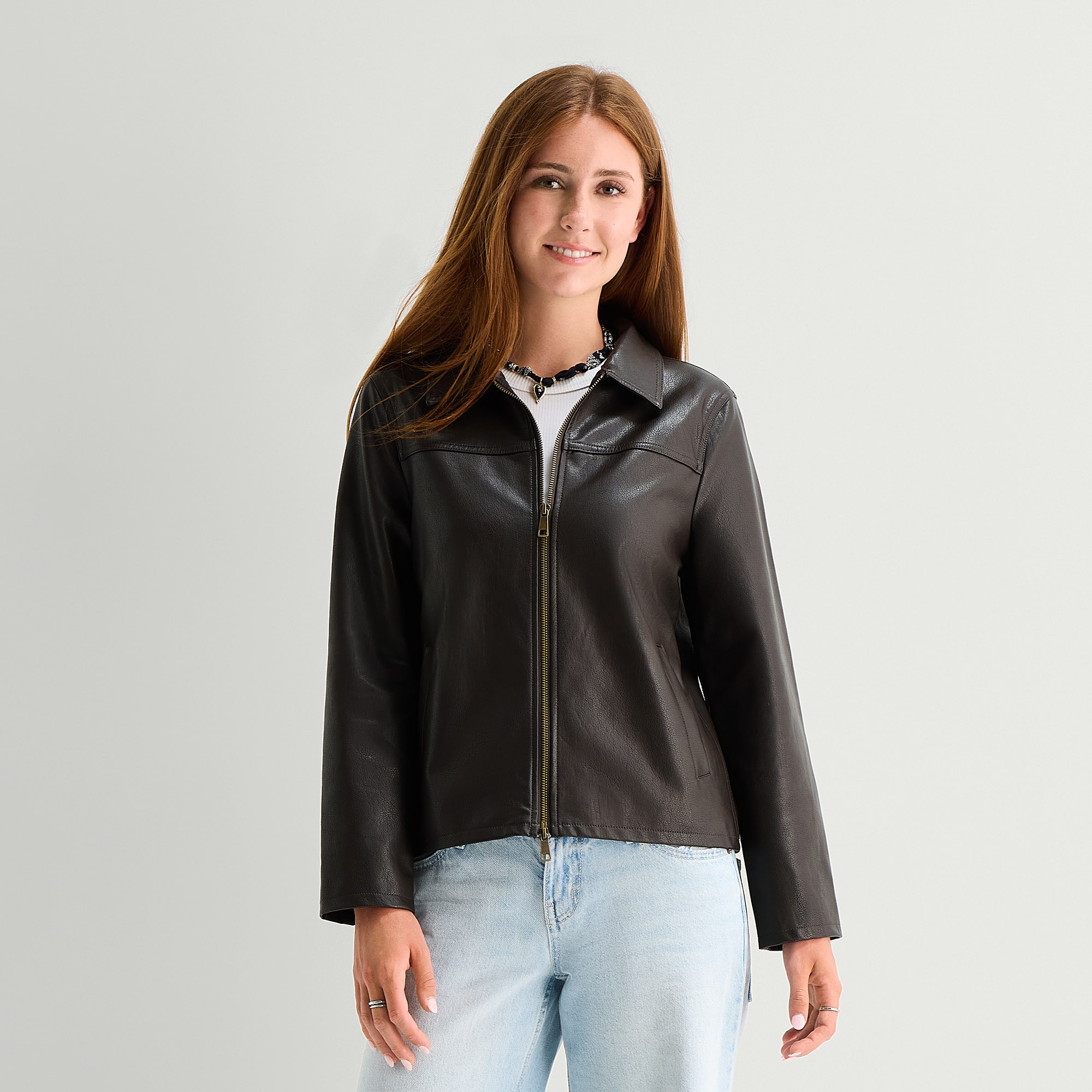 Arizona Womens Juniors Faux Leather Midweight Jacket