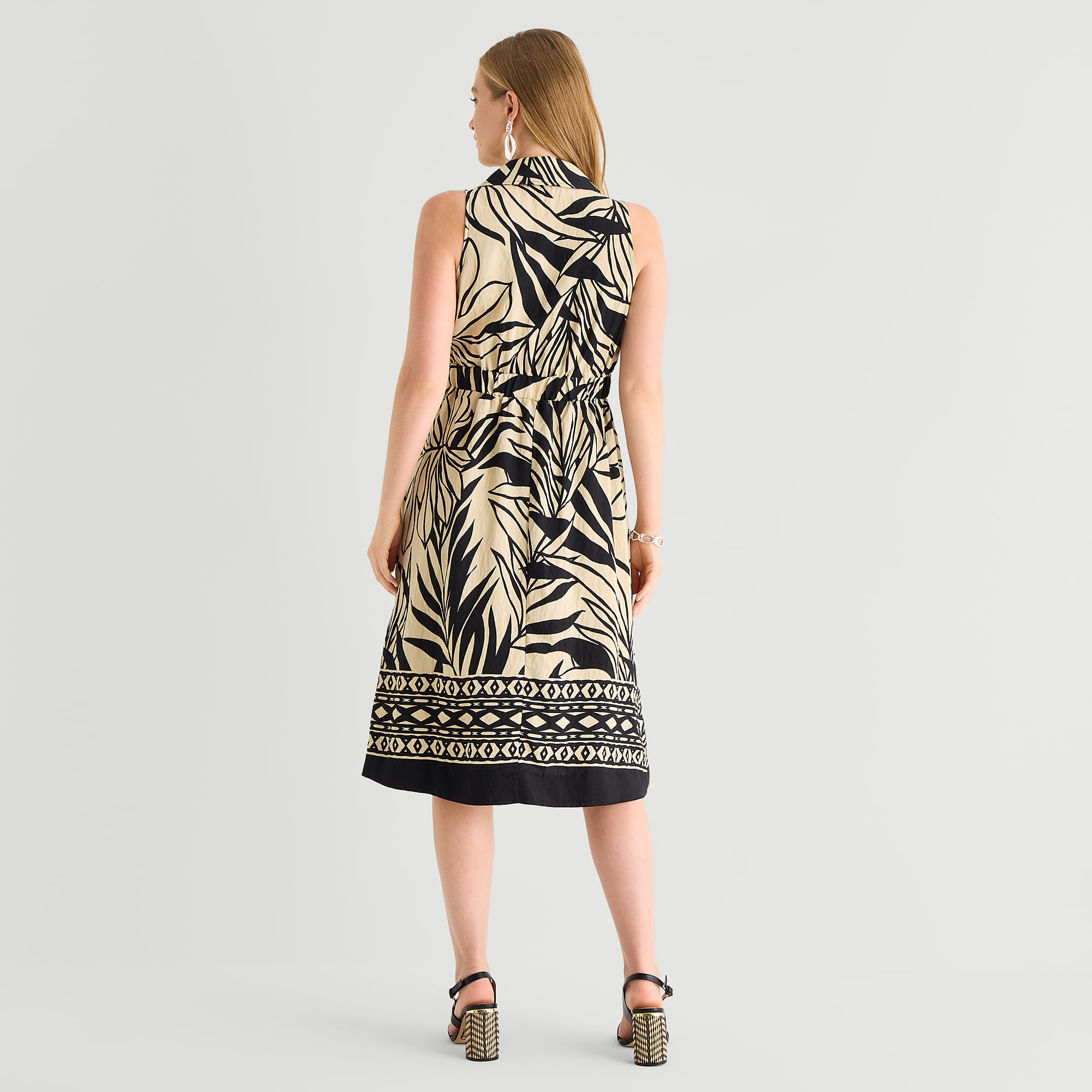 Studio 1 Womens V Neck Sleeveless Leaf Fit + Flare Dress
