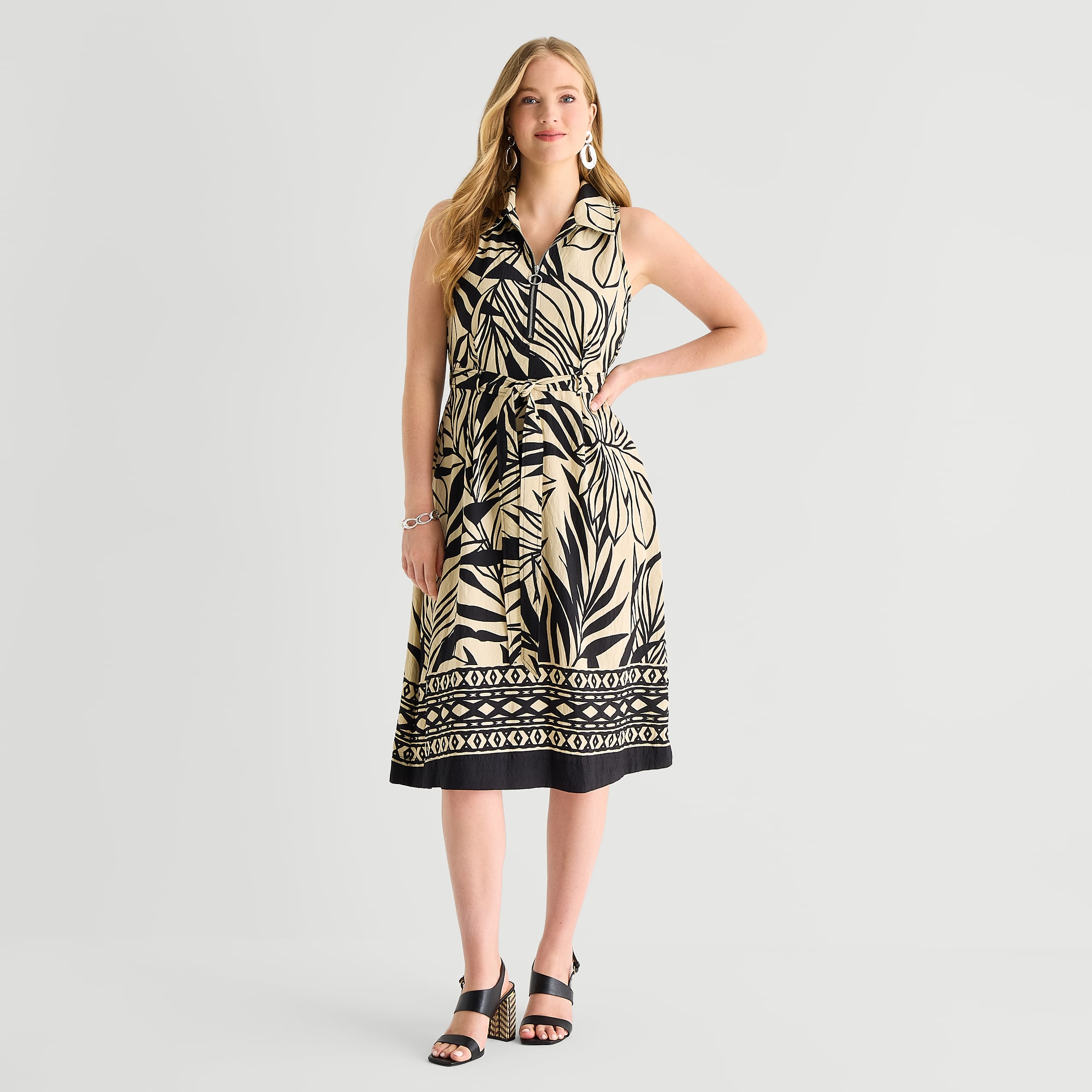 Studio 1 Womens V Neck Sleeveless Leaf Fit + Flare Dress