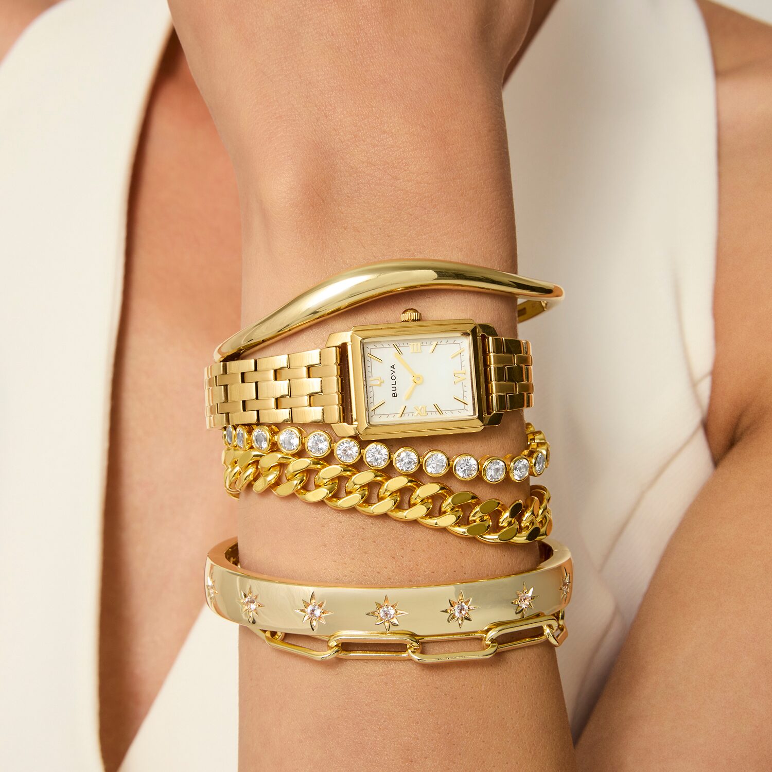 Bold Addiction Womens Lab Created White Sapphire 14K Gold Over Brass Bangle Bracelet