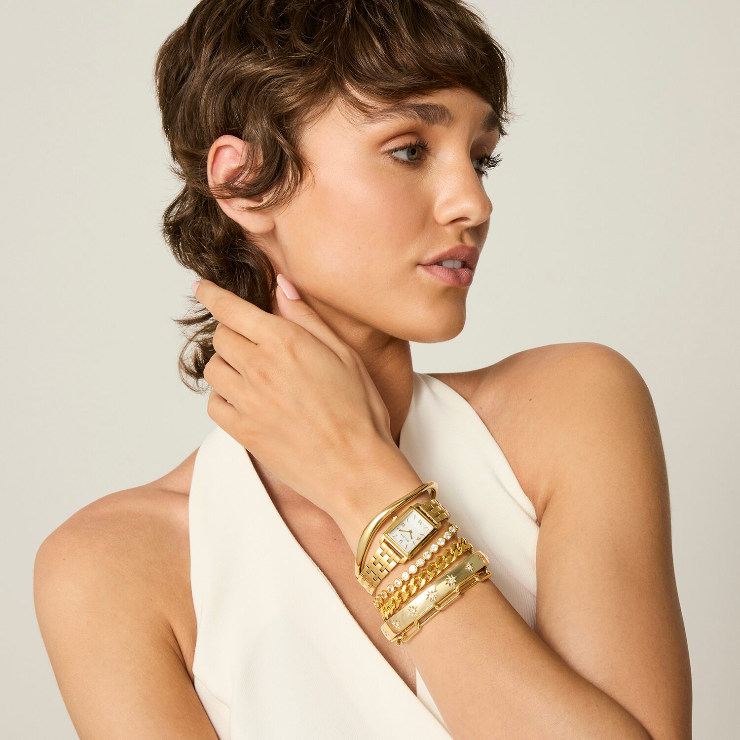 Bold Addiction Womens Lab Created White Sapphire 14K Gold Over Brass Bangle Bracelet