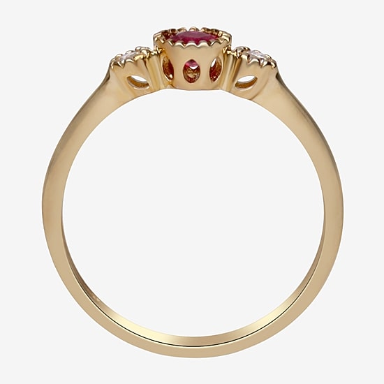 Limited Quantities! Womens Diamond Accent Lead Glass-Filled Red Ruby 10K Gold Round 3-Stone Cocktail Ring