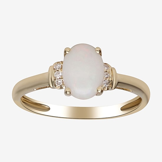 Limited Quantities! Womens Diamond Accent Genuine White Opal 10K Gold Oval Cocktail Ring