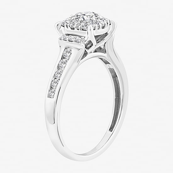 (F / Si2) Womens 1 CT. T.W. Lab Grown White Diamond 14K Gold Over Silver Round Side Stone Halo Engagement Ring