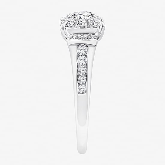 (F / Si2) Womens 1 CT. T.W. Lab Grown White Diamond 14K Gold Over Silver Round Side Stone Halo Engagement Ring