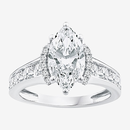 (F / Vs2) Womens 3 CT. T.W. Lab Grown White Diamond 10K Gold Marquise Side Stone Engagement Ring