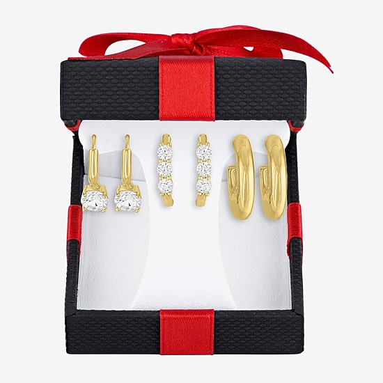 Yes, Please! Womens Lab Created White Sapphire 14K Gold Over Brass 3 Pair Earring Set