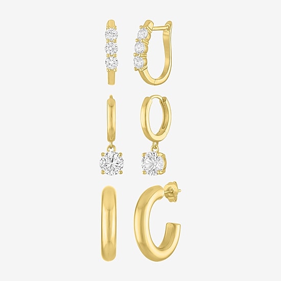 Yes, Please! Womens Lab Created White Sapphire 14K Gold Over Brass 3 Pair Earring Set