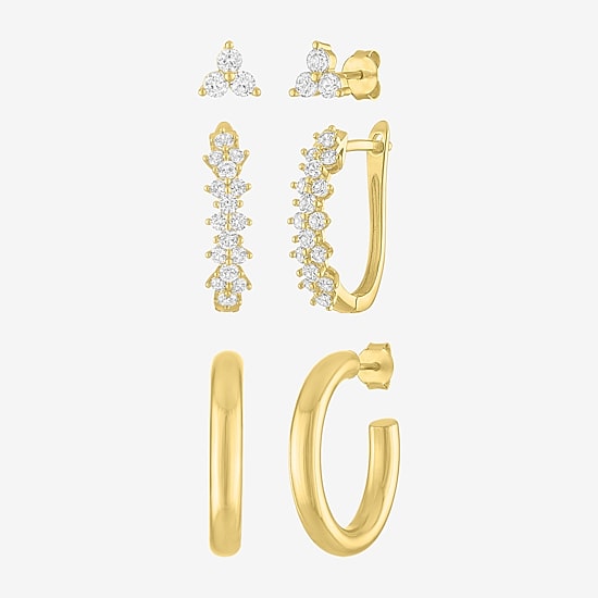 Yes, Please! Womens Lab Created White Sapphire 14K Gold Over Brass 3 Pair Earring Set