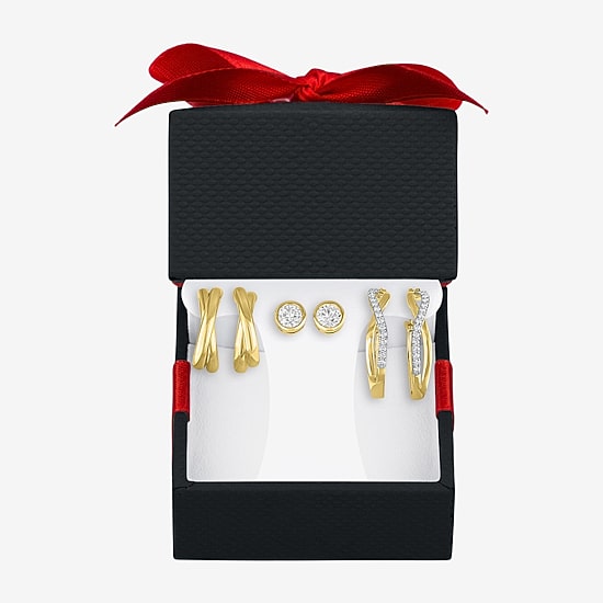 Yes, Please! Womens Lab Created White Sapphire 14K Gold Over Brass 3 Pair Earring Set