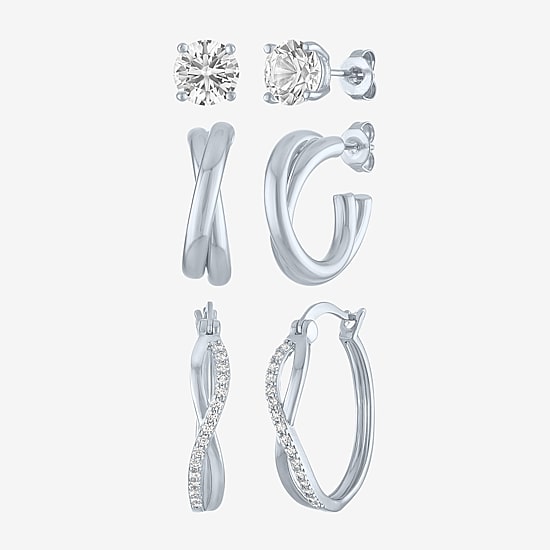 Yes, Please! Womens Lab Created White Sapphire 3 Pair Earring Set