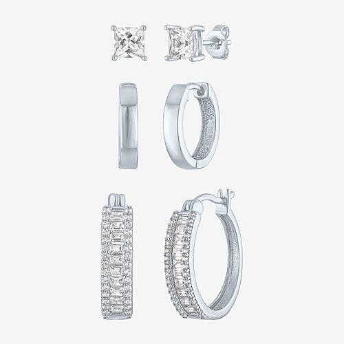 Yes, Please! Womens Lab Created White Sapphire 3 Pair Earring Set, One Size, White