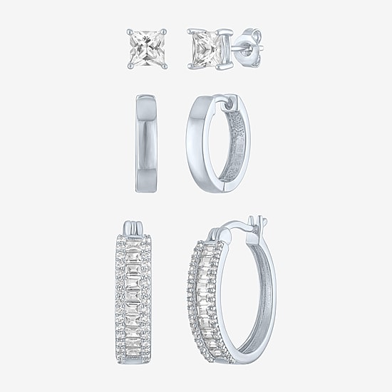 Yes, Please! Womens Lab Created White Sapphire 3 Pair Earring Set