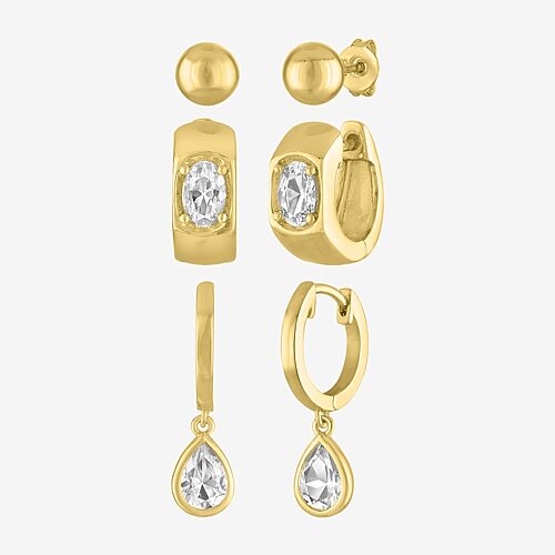 Yes, Please! Womens Lab Created White Sapphire 14K Gold Over Brass 3 Pair Earring Set, One Size, White