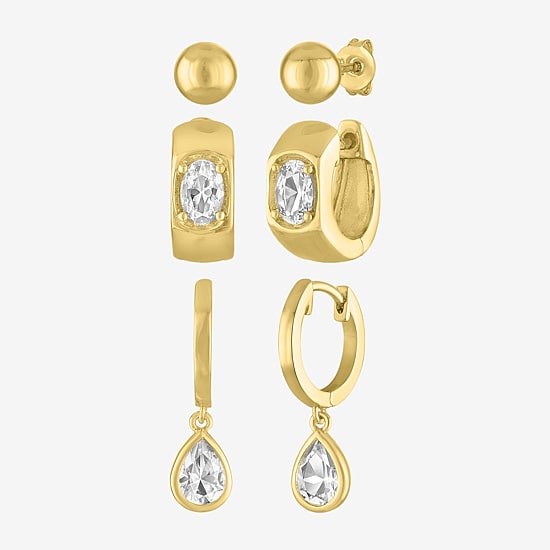 Yes, Please! Womens Lab Created White Sapphire 14K Gold Over Brass 3 Pair Earring Set