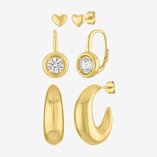Womens Lab Created White Sapphire 14K Gold Over Brass 3 Pair Earring Set