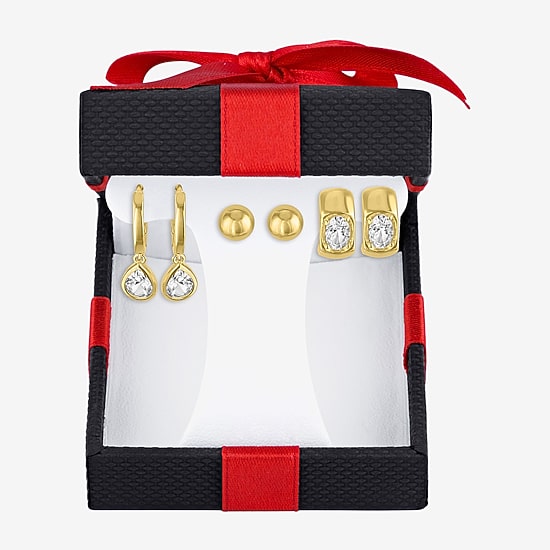 Yes, Please! Womens Lab Created White Sapphire 14K Gold Over Brass 3 Pair Earring Set