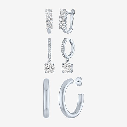 Yes, Please! Womens Lab Created White Sapphire 3 Pair Earring Set, One Size, White