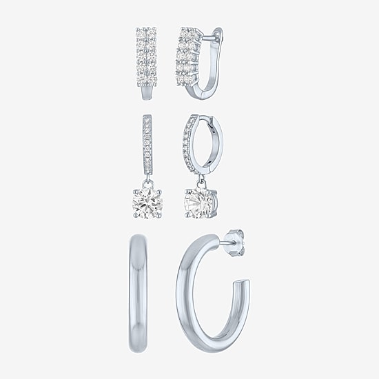Yes, Please! Womens Lab Created White Sapphire 3 Pair Earring Set