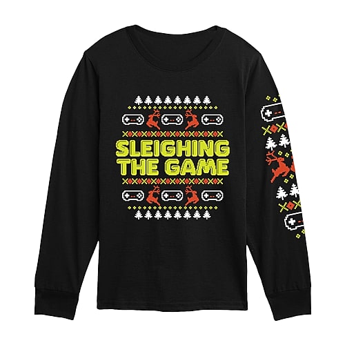 Sleighing The Game Little & Big Kid Boys Crew Neck Long Sleeve Regular Fit Graphic T-Shirt, Large, Black