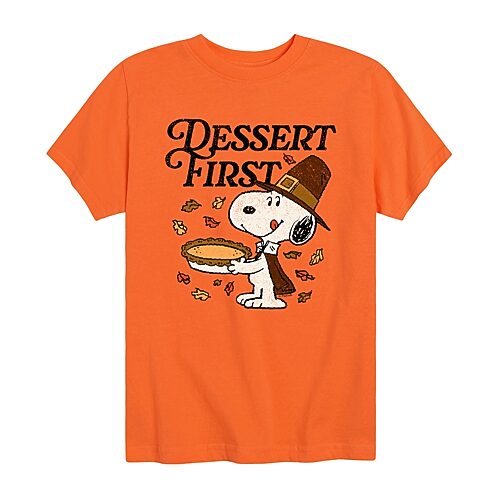 Dessert First Thanksgiving Distressed Little & Big Kid Boys Crew Neck Short Sleeve Regular Fit Peanuts Snoopy Graphic T-Shirt, X-large, Orange
