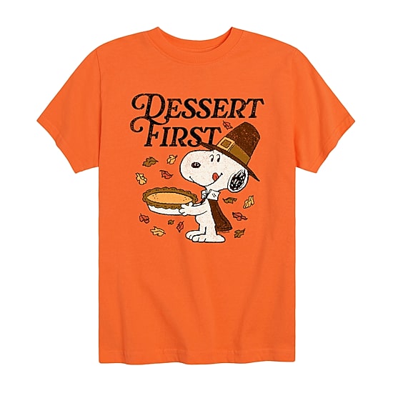 Dessert First Thanksgiving Distressed Little & Big Kid Boys Crew Neck Short Sleeve Regular Fit Peanuts Snoopy Graphic T-Shirt