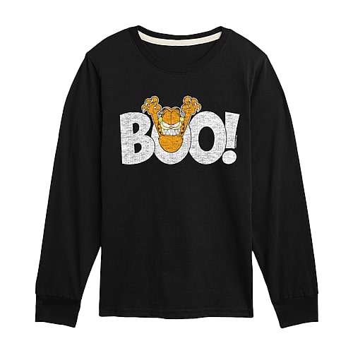 Air Waves Halloween Boo Little & Big Kid Boys Crew Neck Long Sleeve Regular Fit Garfield Graphic T-shirt In Black
