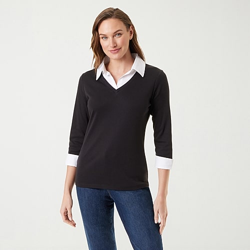 Gloria Vanderbilt Maxine Womens U Neck Long Sleeve Layered Top In Black