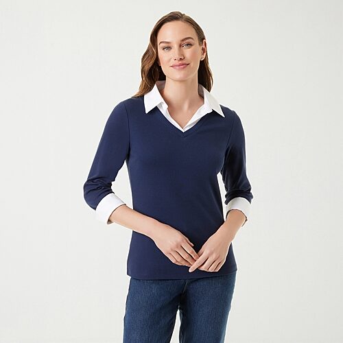 Gloria Vanderbilt Maxine Womens U Neck Long Sleeve Layered Top In Blue