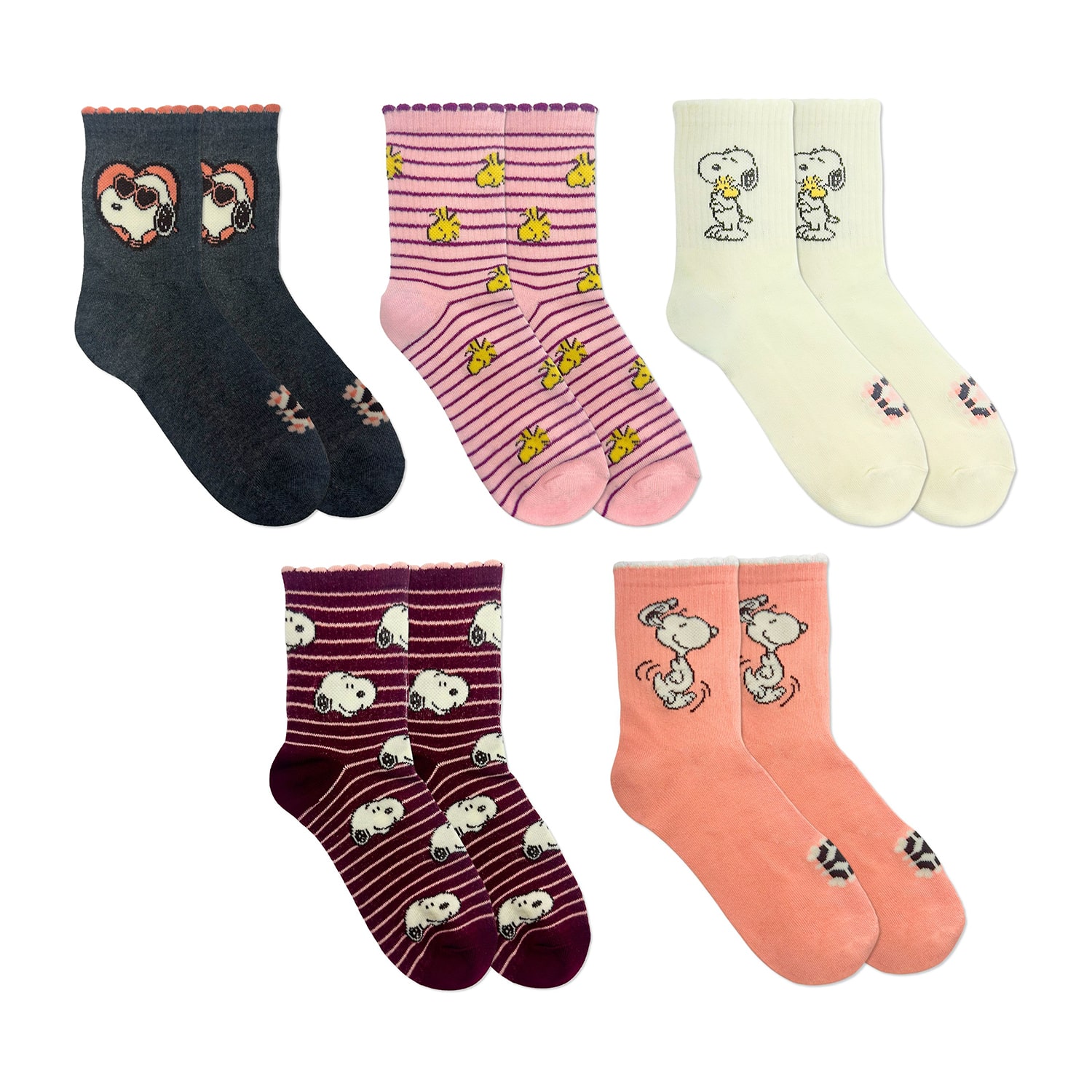 Womens Multi-Pack 5 Pair Peanuts Quarter Ankle Socks
