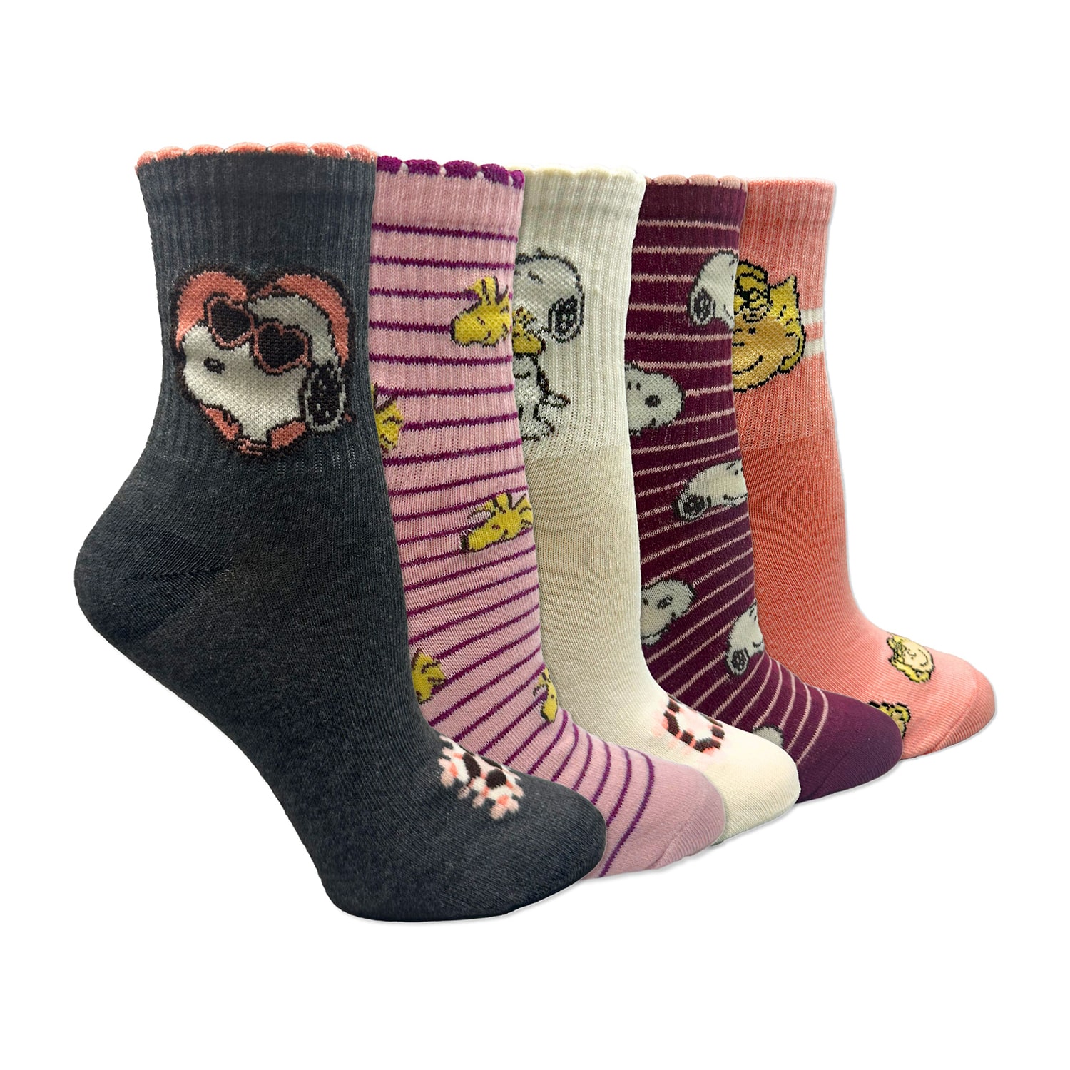 Womens Multi-Pack 5 Pair Peanuts Quarter Ankle Socks