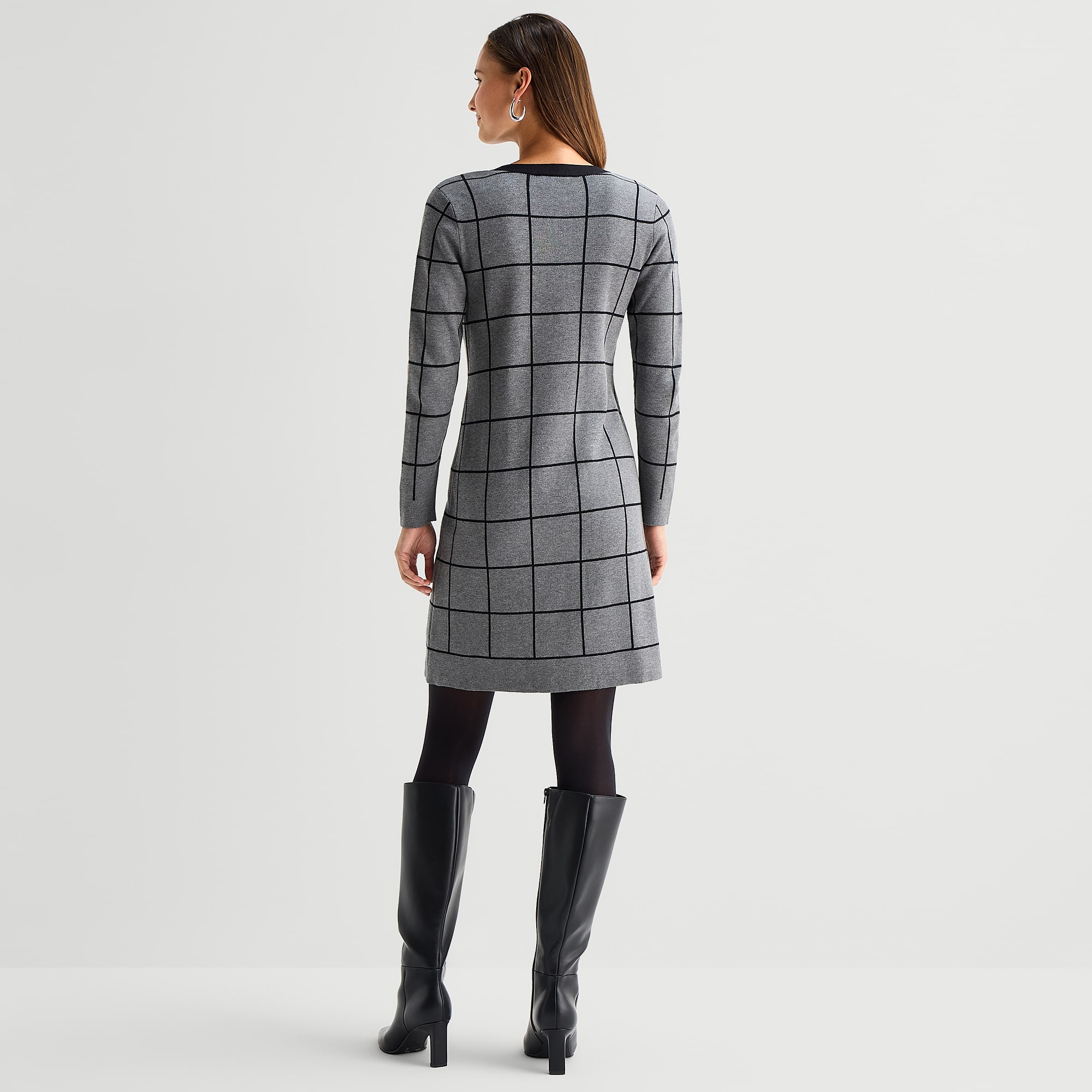 Studio 1 Womens Long Sleeve Plaid Faux-Jacket  Sweater Dress