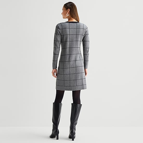 Studio 1 Womens Long Sleeve Plaid Faux-Jacket  Sweater Dress