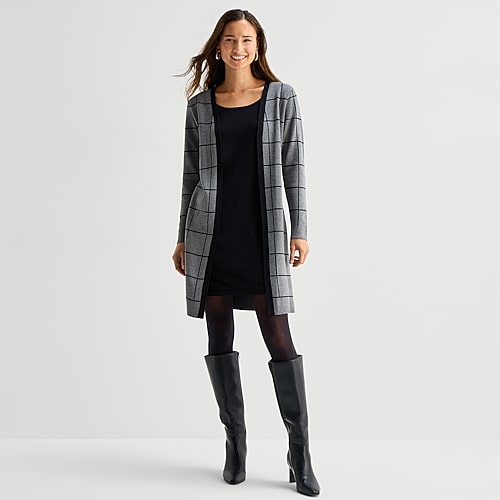 Studio 1 Womens Long Sleeve Plaid Faux-jacket Sweater Dress In Gray
