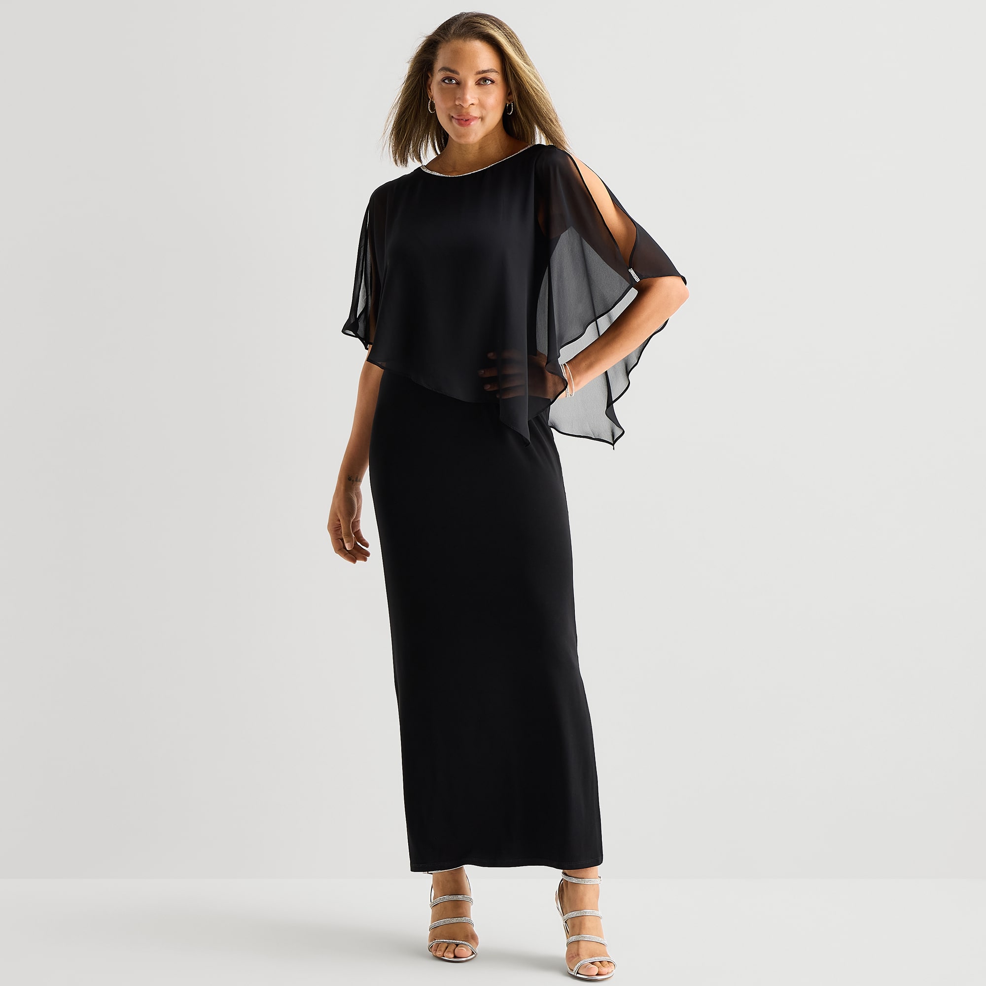 MSK Womens Boat Neck Elbow Sleeve Cape Embellished Evening Gown