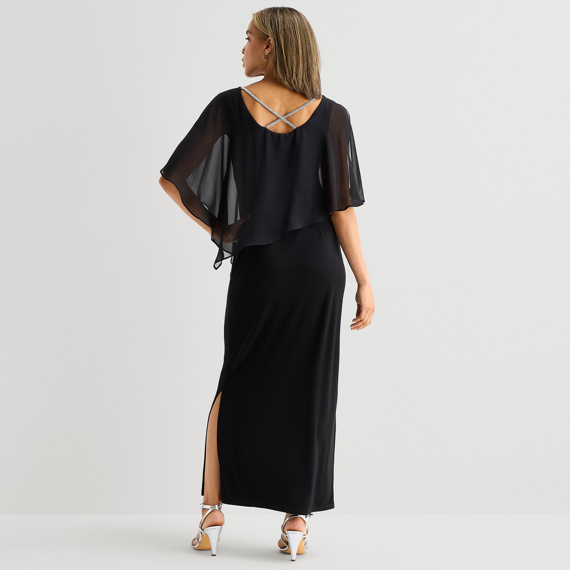 MSK Womens Boat Neck Elbow Sleeve Cape Embellished Evening Gown