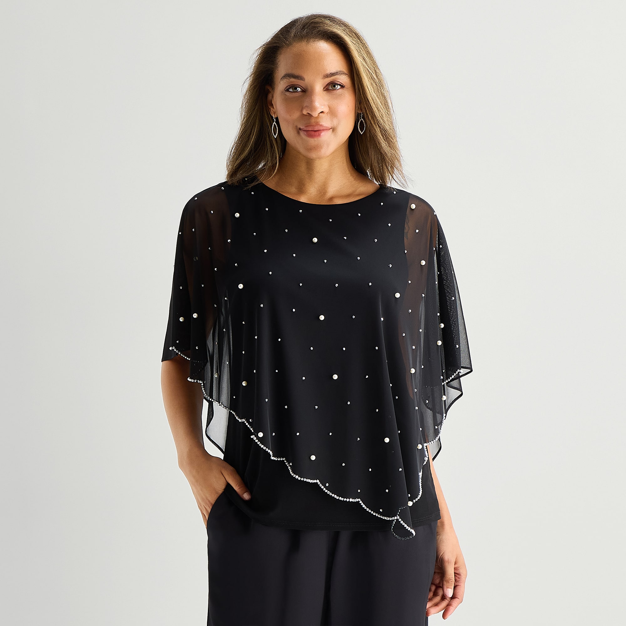 MSK Cape Womens Round Neck Short Sleeve Embellished Blouse